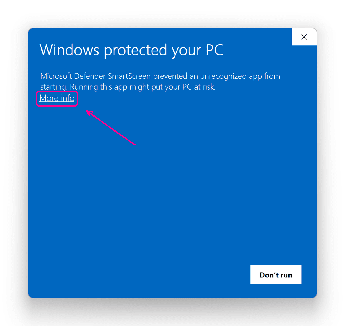 The Microsoft Defender SmartScreen dialog with the 'More info' link