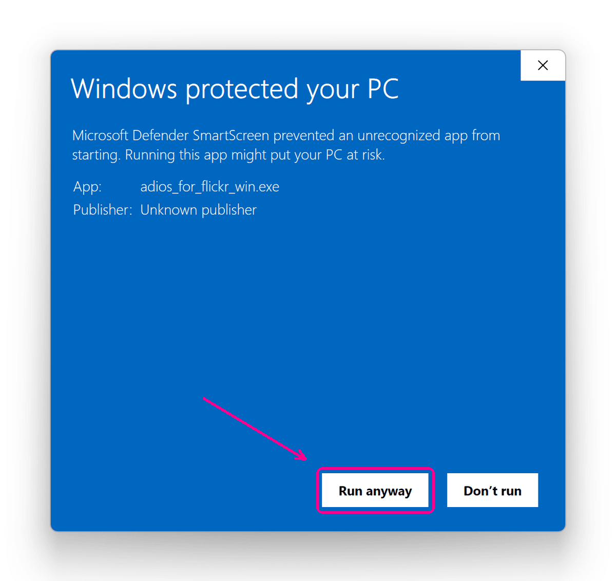 The same dialog after clicking 'More info', now offering 'Run anyway'